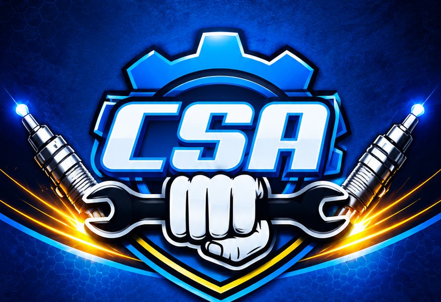 Logo de CSA Automotriz: escudo azul con un puño sosteniendo una llave y dos bujías encendidas